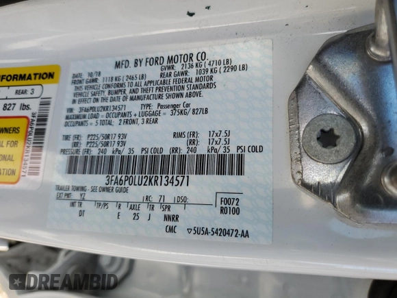 2019 Ford Fusion Hybrid SE with VIN 3FA6P0LU2KR134571, listed as a Copart auction lot 47158143 with 44,674 mi miles. Bid and sale history available at carsss.com. Image 14.