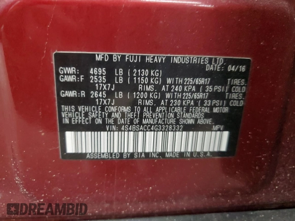 2016 Subaru Outback Premium with VIN 4S4BSACC4G3328332, listed as a Copart auction lot 53260215 with 235,028 mi miles and Non repairable. Bid and sale history available at DreamBid. Image 13.