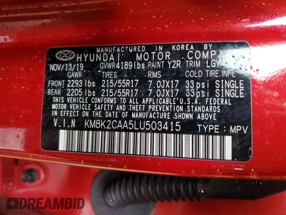 2020 Hyundai Kona SEL with VIN KM8K2CAA5LU503415, listed as a Copart auction lot 56536895 with 51,402 mi miles and Salvage title. Bid and sale history available at DreamBid. Image 13.