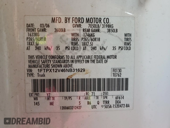 2006 Ford F-150 XL with VIN 1FTPX12V46NB31629, listed as a Copart auction lot 66341335 with 190,700 mi miles and Clean title. Bid and sale history available at DreamBid. Image 12.