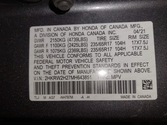2021 Honda CR-V LX with VIN 2HKRW2H27MH643851, listed as a IAAI auction lot 40630925 with 75,427 mi miles. Bid and sale history available at carsss.com. Image 9.