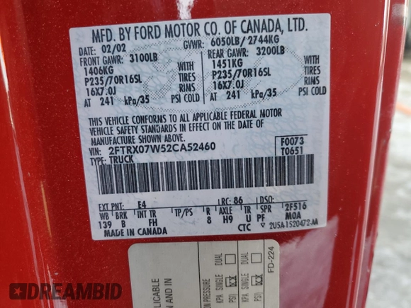 2002 Ford F-150 XL with VIN 2FTRX07W52CA52460, listed as a Copart auction lot 41694215 with 0 mi miles and Salvage Title. Bid and sale history available at carsss.com. Image 12.