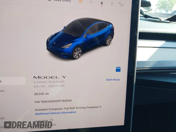 2023 Tesla Model Y Long Range with VIN 7SAYGDEE0PF762592, listed as a IAAI auction lot 41983933 with 28,510 mi miles and . Bid and sale history available at carsss.com. Image 18.