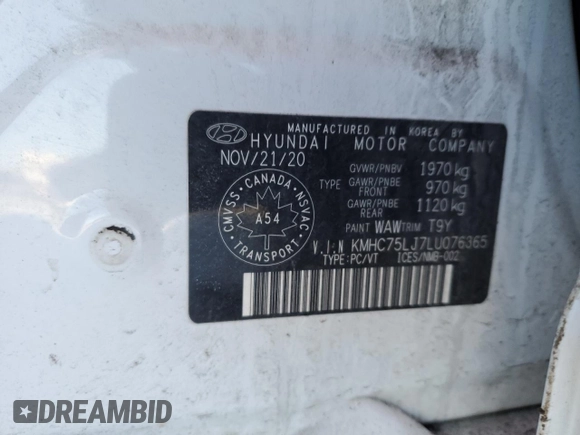 2020 Hyundai Ioniq SE with VIN KMHC75LJ7LU076365, listed as a Copart auction lot 43585025 with 105,965 mi miles and Salvage title. Bid and sale history available at DreamBid. Image 12.