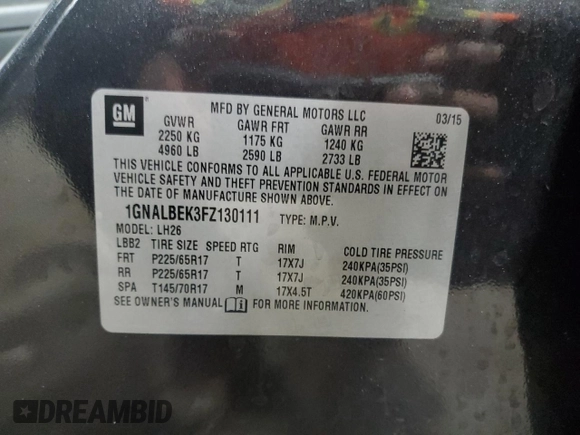 2015 Chevrolet Equinox LT with VIN 1GNALBEK3FZ130111, listed as a Copart auction lot 52858165 with 68,319 mi miles and Salvage Title. Bid and sale history available at carsss.com. Image 14.