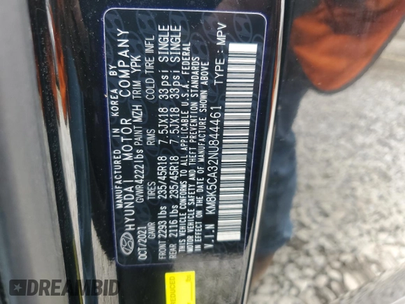 2022 Hyundai Kona Limited with VIN KM8K5CA32NU844461, listed as a Copart auction lot 52772795 with 18,251 mi miles and Salvage Title. Bid and sale history available at DreamBid. Image 13.