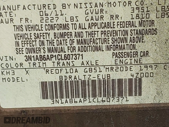 2012 Nissan Sentra SR with VIN 3N1AB6AP1CL607371, listed as a IAAI auction lot 41990056 with 67,402 mi miles and . Bid and sale history available at DreamBid. Image 9.