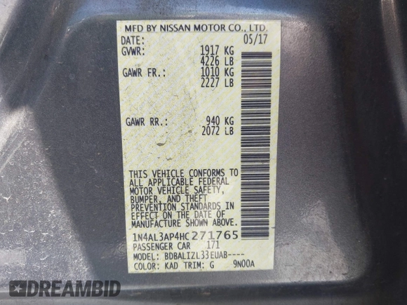 2017 Nissan Altima S z VIN 1N4AL3AP4HC271765, wystawiony jako IAAI lot #41968905 z przebiegiem 106 621 mil mil oraz . Historia ofert i sprzedaży dostępna na DreamBid. Obrazek 9.