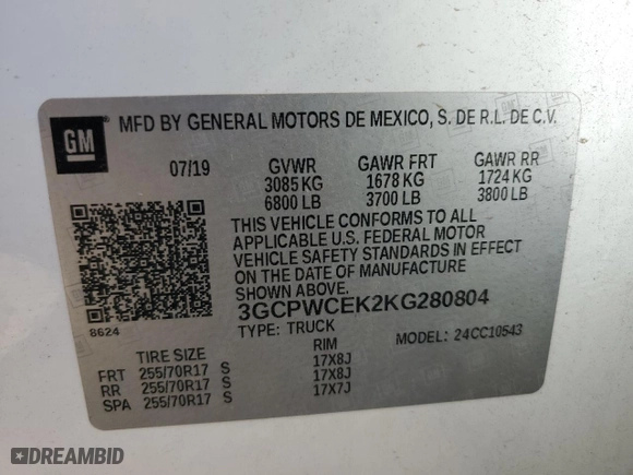 2019 Chevrolet Silverado 1500 LT with VIN 3GCPWCEK2KG280804, listed as a Copart auction lot 84615804 with 120,092 mi miles and Salvage Title. Bid and sale history available at carsss.com. Image 14.