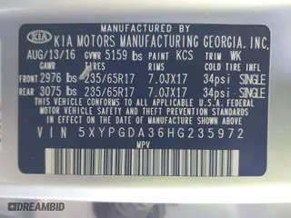 2017 Kia Sorento LX with VIN 5XYPGDA36HG235972, listed as a IAAI auction lot 41656427 with 129,623 mi miles. Bid and sale history available at carsss.com. Image 9.