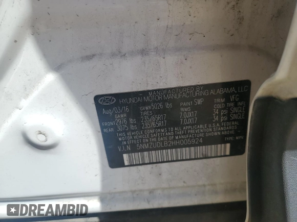 2017 Hyundai Santa Fe 2.4L с VIN 5NMZUDLB2HH005924, выставлен на аукционе Copart как лот 56925685 с пробегом 82 802 миль миль и Списание • Salvage title. История ставок и продаж доступна на DreamBid. Изображение 13.