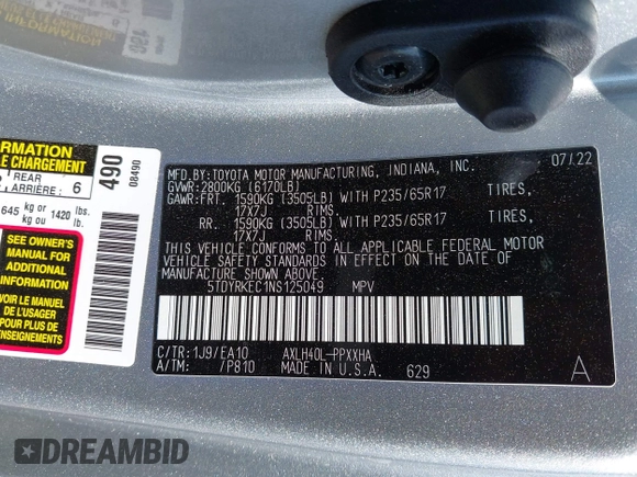 2022 Toyota Sienna XLE with VIN 5TDYRKEC1NS125049, listed as a IAAI auction lot 41984671 with 40,705 mi miles and . Bid and sale history available at DreamBid. Image 9.