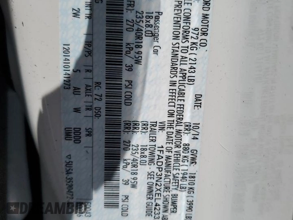 2014 Ford Focus Titanium with VIN 1FADP3N2XEL423320, listed as a Copart auction lot 58709875 with 93,011 mi miles and Salvage title. Bid and sale history available at DreamBid. Image 12.