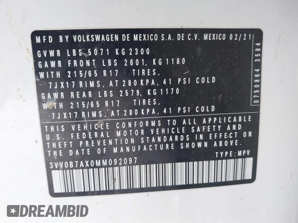 2021 Volkswagen Tiguan S with VIN 3VV0B7AX0MM092097, listed as a IAAI auction lot 41612128 with 49,525 mi miles and . Bid and sale history available at DreamBid. Image 9.