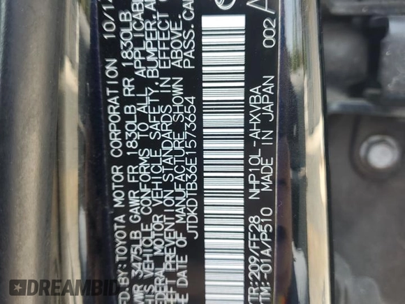 2014 Toyota Prius One with VIN JTDKDTB36E1573654, listed as a Copart auction lot 52643135 with 78,718 mi miles and Salvage Title. Bid and sale history available at DreamBid. Image 13.