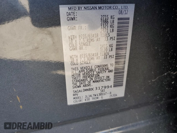 2013 Infiniti JX35 with VIN 5N1AL0MN8DC317994, listed as a Copart auction lot 76059494 with 164,953 mi miles and Clean Title. Bid and sale history available at carsss.com. Image 13.