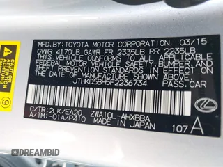 2015 Lexus CT 200h с VIN JTHKD5BH5F2236734, выставлен на аукционе IAAI как лот 42127956 с пробегом 89 811 миль миль и . История ставок и продаж доступна на DreamBid. Изображение 9.