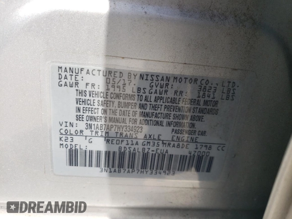 2017 Nissan Sentra S with VIN 3N1AB7AP7HY334923, listed as a Copart auction lot 61810735 with 106,031 mi miles and Salvage title. Bid and sale history available at DreamBid. Image 12.