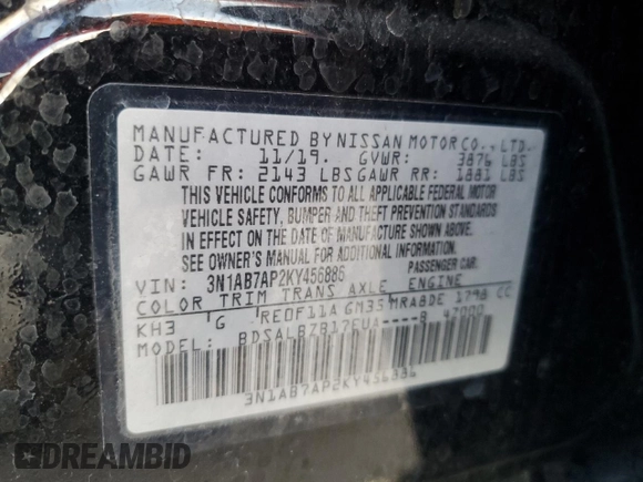 2019 Nissan Sentra S with VIN 3N1AB7AP2KY456886, listed as a Copart auction lot 57873635 with 89,025 mi miles and Salvage title. Bid and sale history available at DreamBid. Image 12.