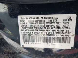 2008 Honda Odyssey Touring with VIN 5FNRL38948B029193, listed as a IAAI auction lot 41618424 with 219,964 mi miles. Bid and sale history available at carsss.com. Image 9.