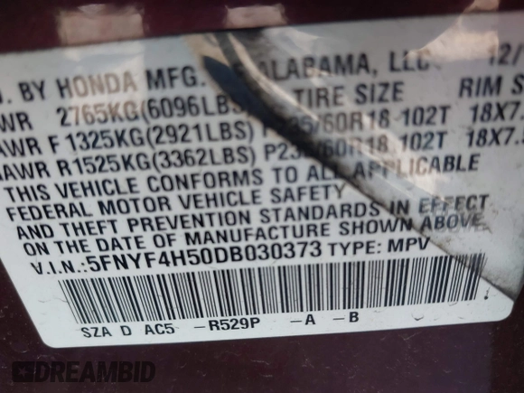 2013 Honda Pilot EX-L with VIN 5FNYF4H50DB030373, listed as a IAAI auction lot 41719230 with 1 mi miles. Bid and sale history available at carsss.com. Image 9.