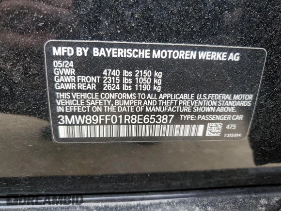 2024 BMW 3 Series 330i xDrive with VIN 3MW89FF01R8E65387, listed as a Copart auction lot 50001195 with 19,478 mi miles and Clean Title. Bid and sale history available at carsss.com. Image 12.