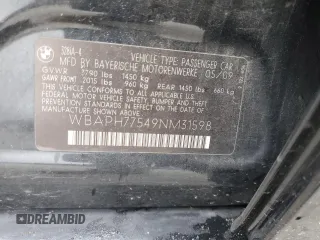 2009 BMW 3 Series 328i with VIN WBAPH77549NM31598, listed as a Copart auction lot 56257745 with 102,495 mi miles and Salvage title. Bid and sale history available at DreamBid. Image 12.