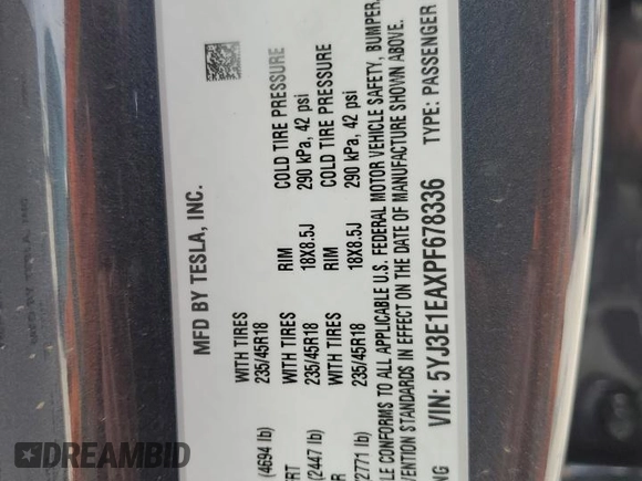 2023 Tesla Model 3 с VIN 5YJ3E1EAXPF678336, выставлен на аукционе Copart как лот 52509135 с пробегом Не указан миль и Списание • Salvage title. История ставок и продаж доступна на DreamBid. Изображение 15.