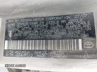 2007 Toyota Prius with VIN JTDKB20U273293992, listed as a IAAI auction lot 42188217 with Not Provided miles and . Bid and sale history available at DreamBid. Image 9.