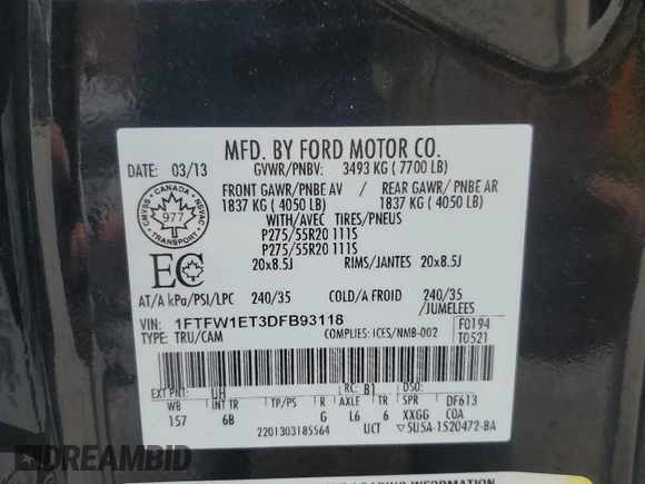 2013 Ford F-150 XL with VIN 1FTFW1ET3DFB93118, listed as a Copart auction lot 59396855 with 242,947 mi miles and Salvage title. Bid and sale history available at DreamBid. Image 12.