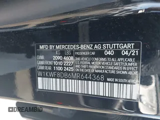 2021 Mercedes-Benz C 300 with VIN W1KWF8DB6MR644368, listed as a IAAI auction lot 42301596 with 47,323 mi miles and . Bid and sale history available at DreamBid. Image 9.