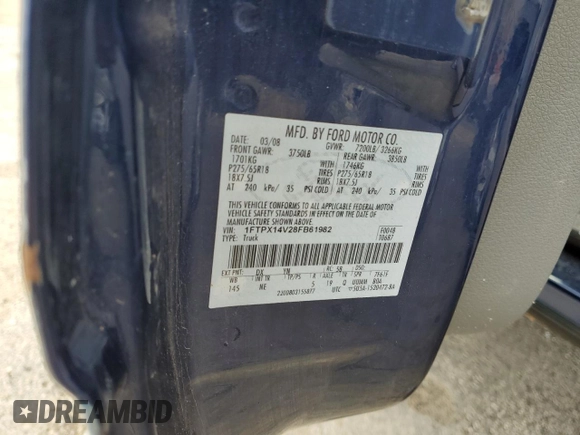 2008 Ford F-150 XLT с VIN 1FTPX14V28FB61982, выставлен на аукционе Copart как лот 50496575 с пробегом Не указан миль и Списание • Salvage title. История ставок и продаж доступна на DreamBid. Изображение 12.