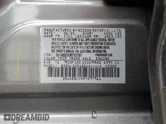 2021 Nissan Sentra SV z VIN 3N1AB8CVXMY297961, wystawiony jako Copart lot #57107045 z przebiegiem 39 533 mil mil oraz Szkoda całkowita • Salvage title. Historia ofert i sprzedaży dostępna na DreamBid. Obrazek 12.