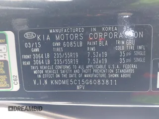 2016 Kia Sedona SX-L with VIN KNDME5C15G6083811, listed as a IAAI auction lot 41932863 with 124,218 mi miles. Bid and sale history available at carsss.com. Image 9.