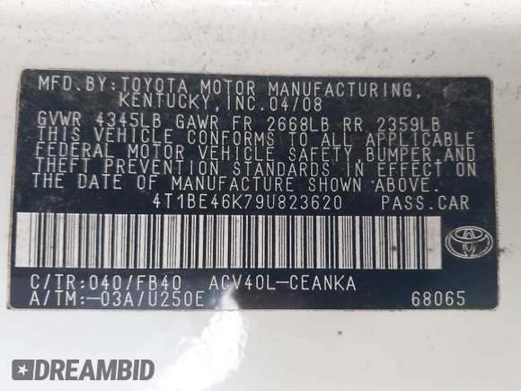 2009 Toyota Camry z VIN 4T1BE46K79U823620, wystawiony jako IAAI lot #41633601 z przebiegiem 203 940 mil mil oraz . Historia ofert i sprzedaży dostępna na DreamBid. Obrazek 9.