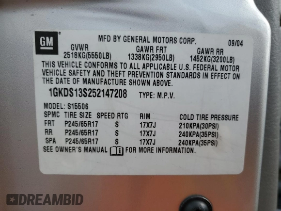 2005 GMC Envoy SLT with VIN 1GKDS13S252147208, listed as a Copart auction lot 81227194 with 247,760 mi miles and Salvage Title. Bid and sale history available at carsss.com. Image 13.
