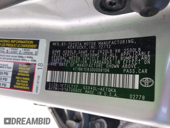 2013 Toyota Avalon XLE with VIN 4T1BK1EB3DU008106, listed as a IAAI auction lot 42047163 with 221,393 mi miles and . Bid and sale history available at DreamBid. Image 9.
