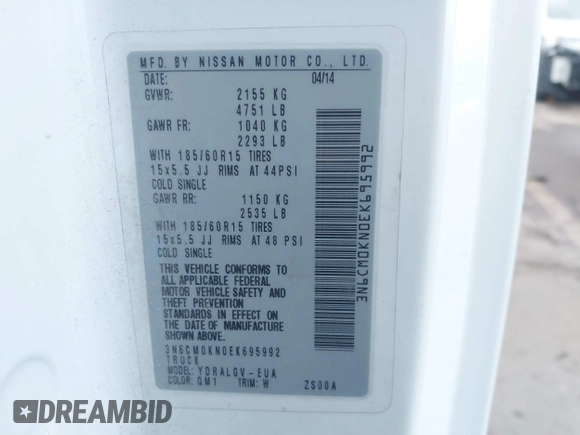 2014 Nissan NV200 S with VIN 3N6CM0KN0EK695992, listed as a IAAI auction lot 41852039 with 218,832 mi miles and . Bid and sale history available at DreamBid. Image 9.