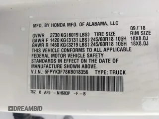 2019 Honda Ridgeline RTL-E with VIN 5FPYK3F78KB018356, listed as a IAAI auction lot 41946363 with 61,472 mi miles and . Bid and sale history available at DreamBid. Image 9.
