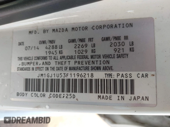 2015 Mazda 6 i Sport with VIN JM1GJ1U53F1196218, listed as a IAAI auction lot 41385343 with 133,508 mi miles. Bid and sale history available at carsss.com. Image 9.