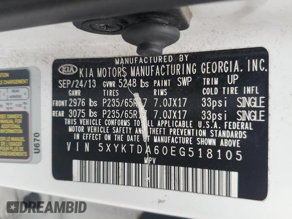 2014 Kia Sorento LX with VIN 5XYKTDA60EG518105, listed as a Copart auction lot 52570515 with 119,081 mi miles and Clean Title. Bid and sale history available at carsss.com. Image 13.