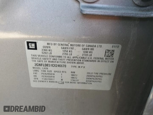 2012 Chevrolet Equinox 1LT z VIN 2GNFLDE51C6246670, wystawiony jako Copart lot #48568775 z przebiegiem 142 975 mil mil oraz Szkoda całkowita • Salvage title. Historia ofert i sprzedaży dostępna na DreamBid. Obrazek 13.