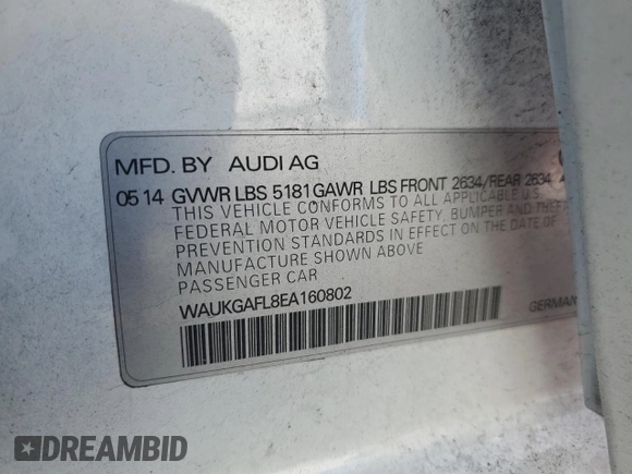 2014 Audi S4 Prestige with VIN WAUKGAFL8EA160802, listed as a Copart auction lot 48979685 with 85,461 mi miles and Salvage Title. Bid and sale history available at carsss.com. Image 12.