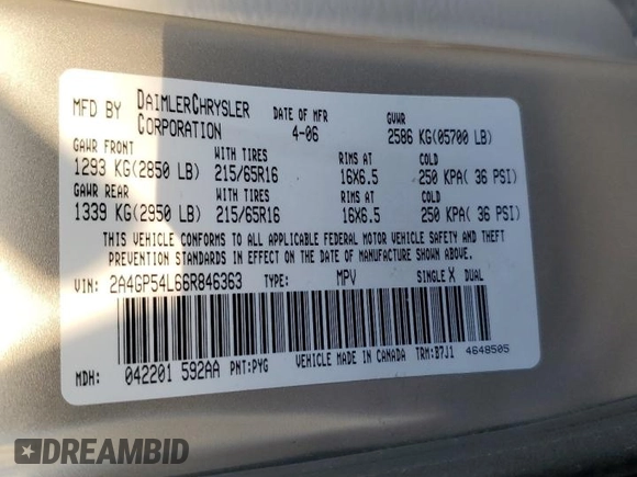 2006 Chrysler Town & Country LWB Touring with VIN 2A4GP54L66R846363, listed as a Copart auction lot 85267504 with 39,113 mi miles and Clean Title. Bid and sale history available at carsss.com. Image 13.