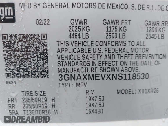 2022 Chevrolet Equinox RS with VIN 3GNAXMEVXNS118530, listed as a IAAI auction lot 41452469 with 53,217 mi miles and . Bid and sale history available at DreamBid. Image 9.