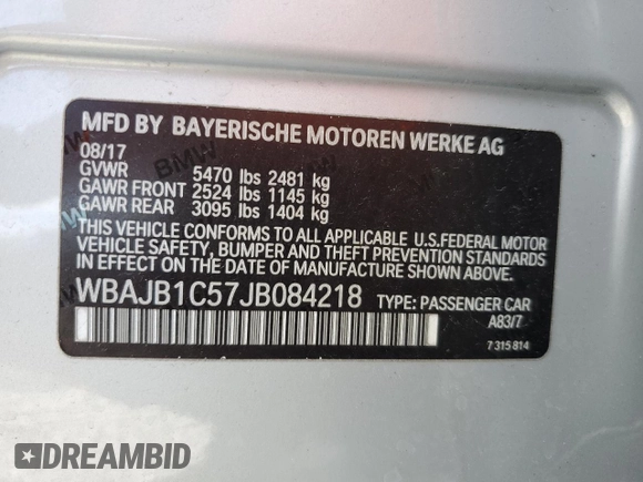 2018 BMW 5 Series 530e xDrive with VIN WBAJB1C57JB084218, listed as a Copart auction lot 46308145 with 80,884 mi miles and Clean Title. Bid and sale history available at carsss.com. Image 12.