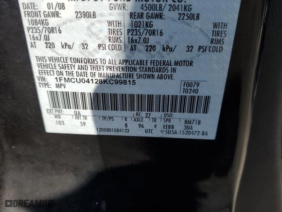 2008 Ford Escape Limited with VIN 1FMCU04128KC99815, listed as a Copart auction lot 52730005 with 244,342 mi miles and Salvage Title. Bid and sale history available at carsss.com. Image 15.