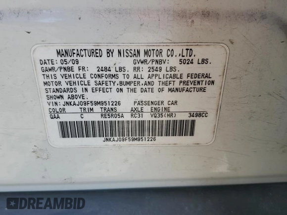 2009 Infiniti EX Journey with VIN JNKAJ09F59M951226, listed as a Copart auction lot 78329304 with 193,515 mi miles and Salvage title. Bid and sale history available at DreamBid. Image 12.