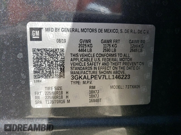 2020 GMC Terrain SLT with VIN 3GKALPEV7LL146223, listed as a Copart auction lot 61415765 with 100,654 mi miles and Salvage title. Bid and sale history available at DreamBid. Image 13.