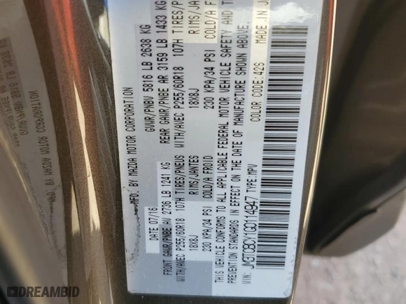 2016 Mazda CX-9 Touring with VIN JM3TCBCY1G0114947, listed as a Copart auction lot 48492175 with 81,910 mi miles and Non Repairable. Bid and sale history available at carsss.com. Image 13.